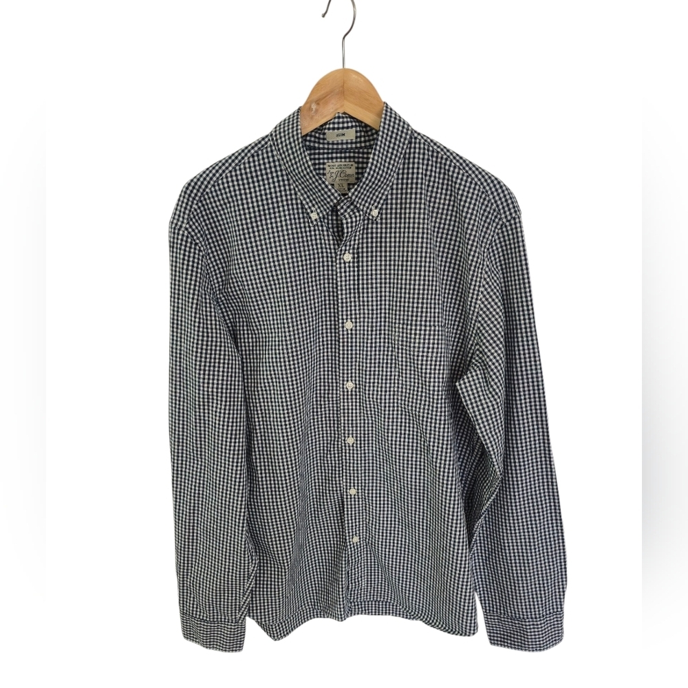 J. Crew Men's Secret Wash Slim Stretch Gingham Black White Shirt Size XL